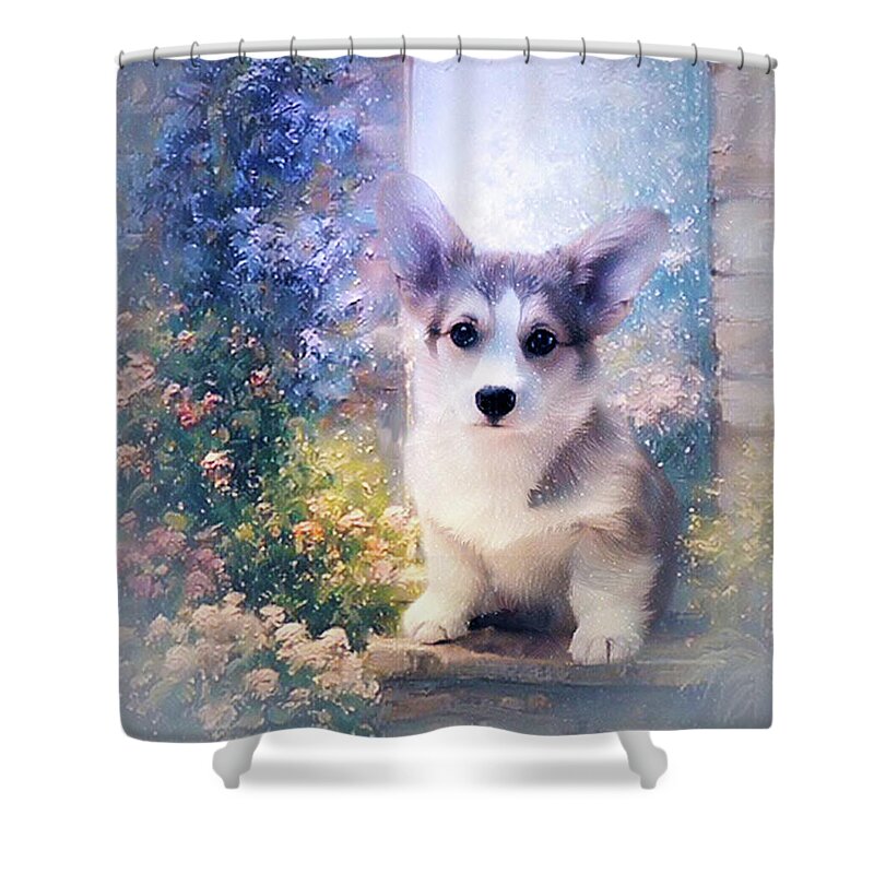 Corgi Puppy Shower Curtain featuring the mixed media Adorable Corgi Puppy by Kathy Kelly
