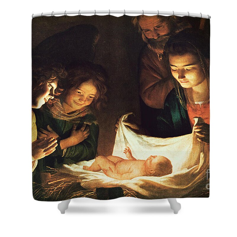 Adoration Of The Baby Shower Curtain featuring the painting Adoration of the baby by Gerrit van Honthorst