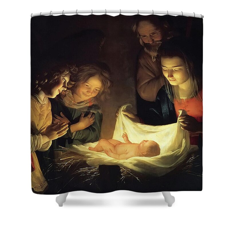 Nativity Shower Curtain featuring the painting Adoration of the Child by Gerrit van Honthorst