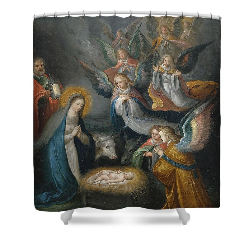 Nativity Shower Curtain featuring the painting Adoration of the Shepherds by Cornelis de Baellieur