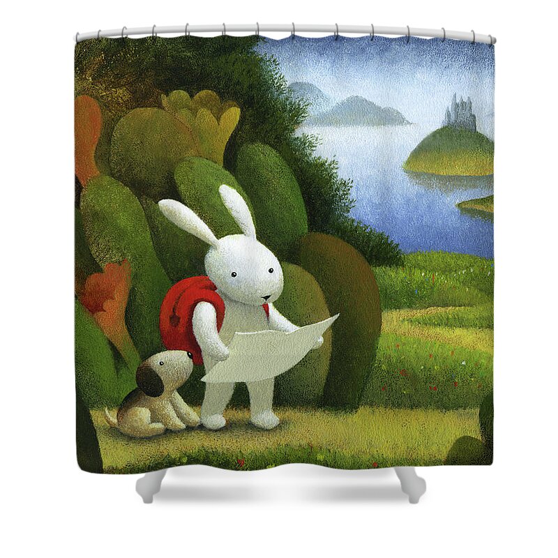 Rabbit Shower Curtain featuring the painting Adventurers by Chris Miles