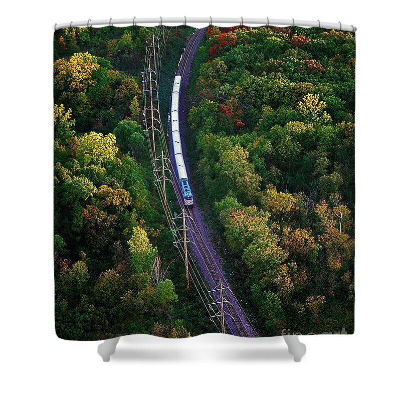 Aerial Shower Curtain featuring the photograph Aerial of commuter train by Tom Jelen