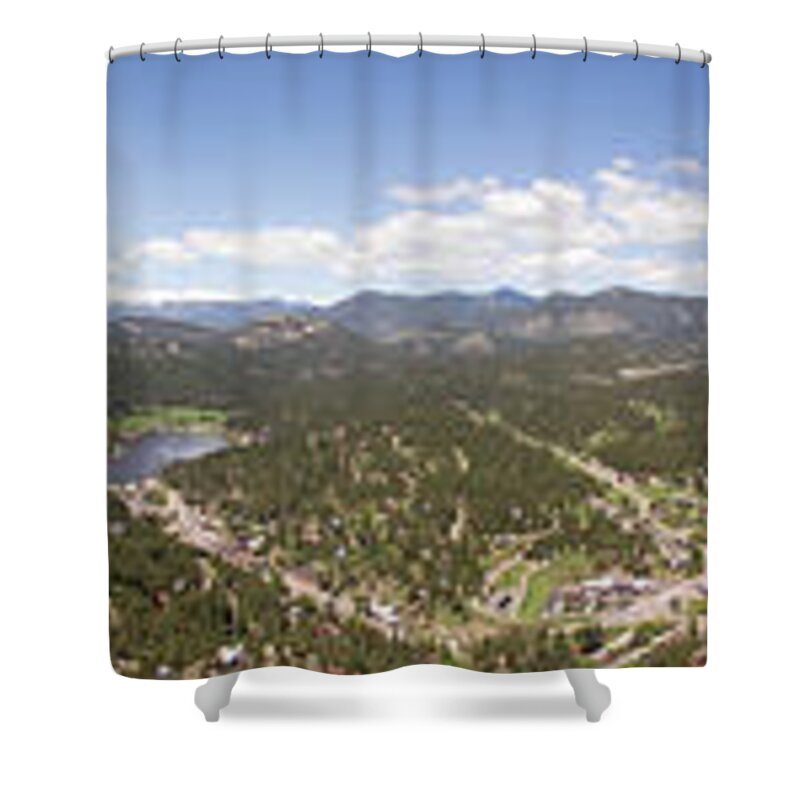 Landscape Shower Curtain featuring the photograph Aerial Pano of Evergreen by Matt Swinden