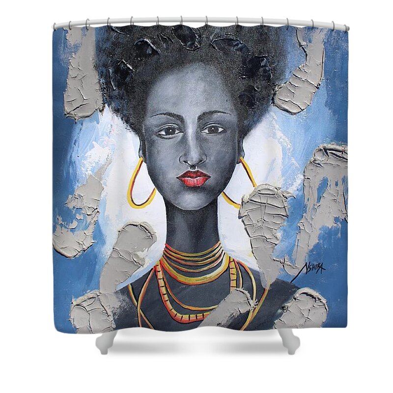 True African Art Shower Curtain featuring the painting African Beauty by Daniel Akortia