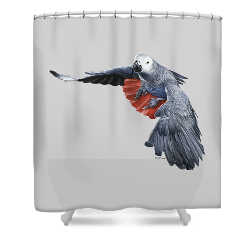 African Shower Curtain featuring the digital art African Grey Parrot Flying by Owen Bell
