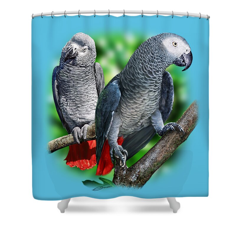 African Shower Curtain featuring the digital art African Grey Parrots A by Owen Bell