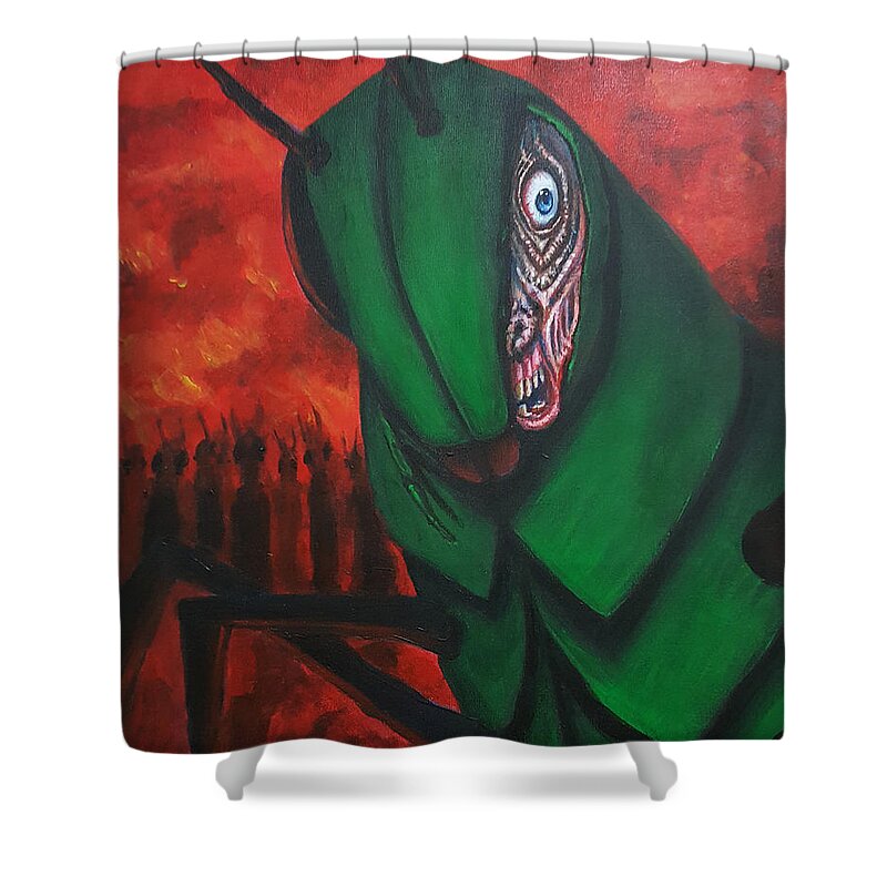 Hell Shower Curtain featuring the painting After Bob died he realized he had made poor life choices. by Chris Benice