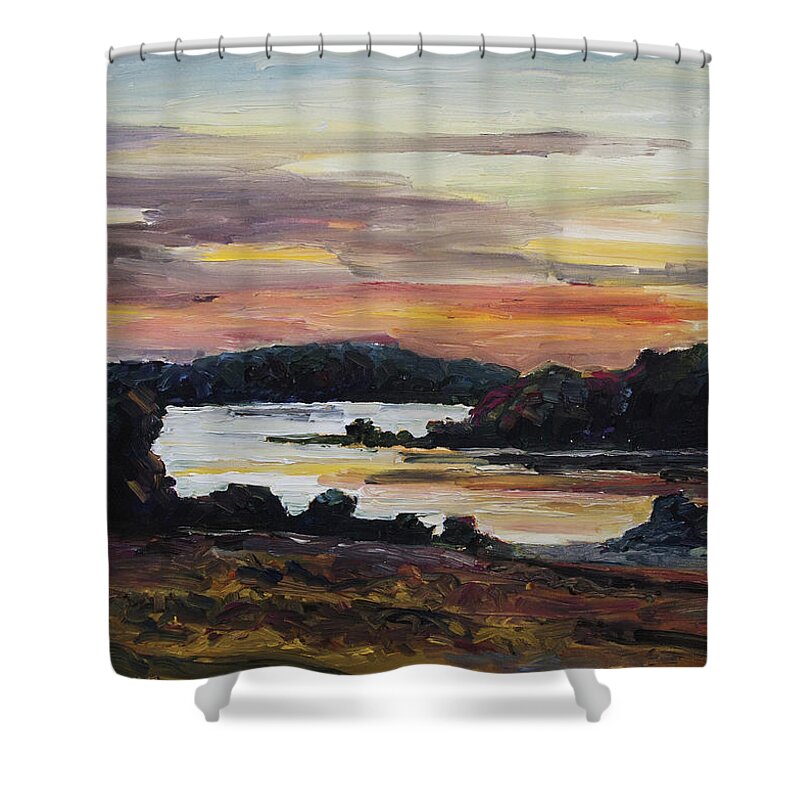 Barbara Pommerenke Shower Curtain featuring the painting After Sunset at Lake Fleesensee by Barbara Pommerenke
