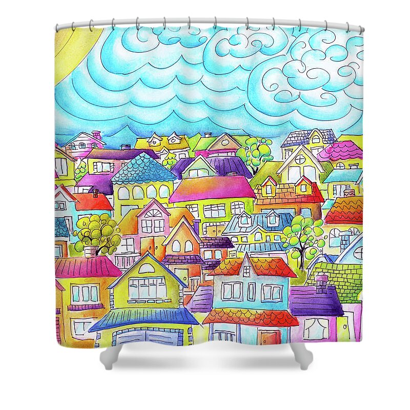 Whimsical Houses Shower Curtain featuring the painting After The Dust Has Settled by Oiyee At Oystudio