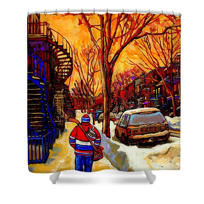 Montreal Shower Curtain featuring the painting After The Hockey Game A Winter Walk At Sundown Montreal City Scene Painting By Carole Spandau by Carole Spandau