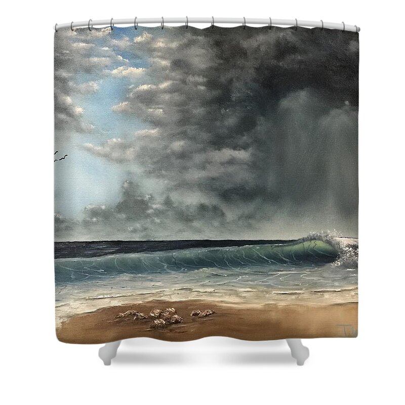 Seascape Ocean Water Sky Beach Wave Shower Curtain featuring the painting After the storm by Justin Wozniak