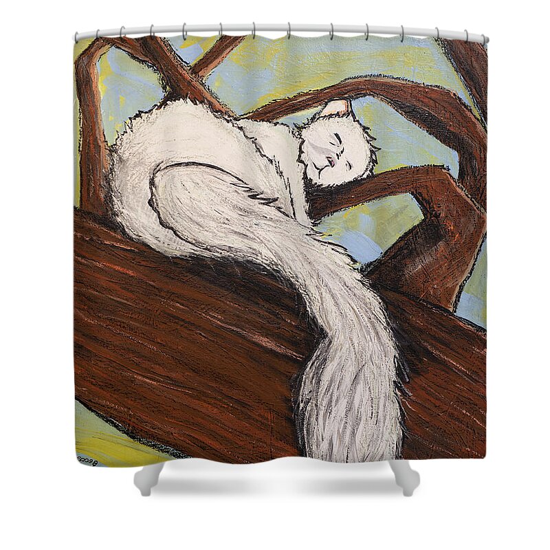 White Squirrel Shower Curtain featuring the painting After the White Squirrel Festival by Rebecca Weeks