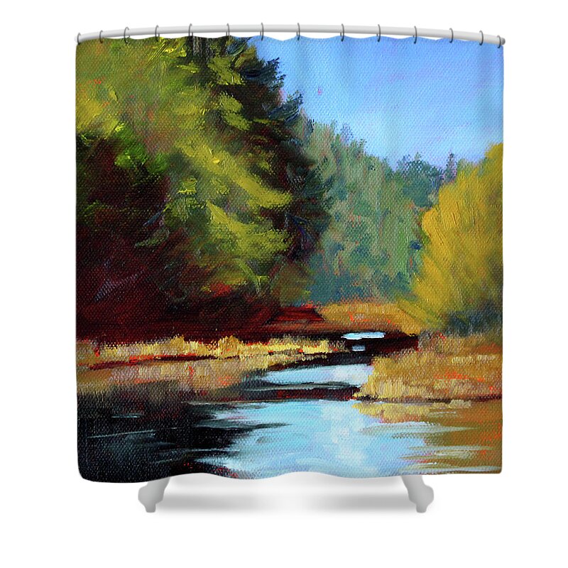 Bend Oregon Shower Curtain featuring the painting Afternoon on the River by Nancy Merkle