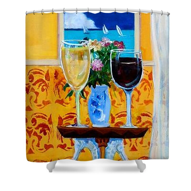 Tropical Interior Shower Curtain featuring the painting Afternoon Regatta by Linda Kegley