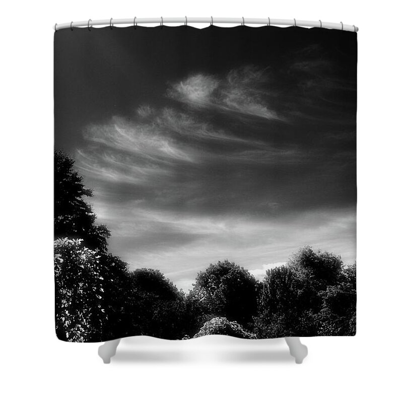 Black And White Shower Curtain featuring the digital art Afternoon Sky Above The Trees BW by Lyle Crump