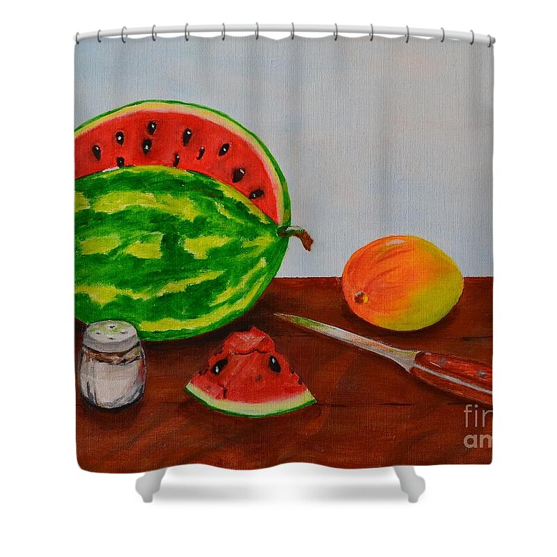 Watermelon Shower Curtain featuring the painting Afternoon summer treat by Melvin Turner