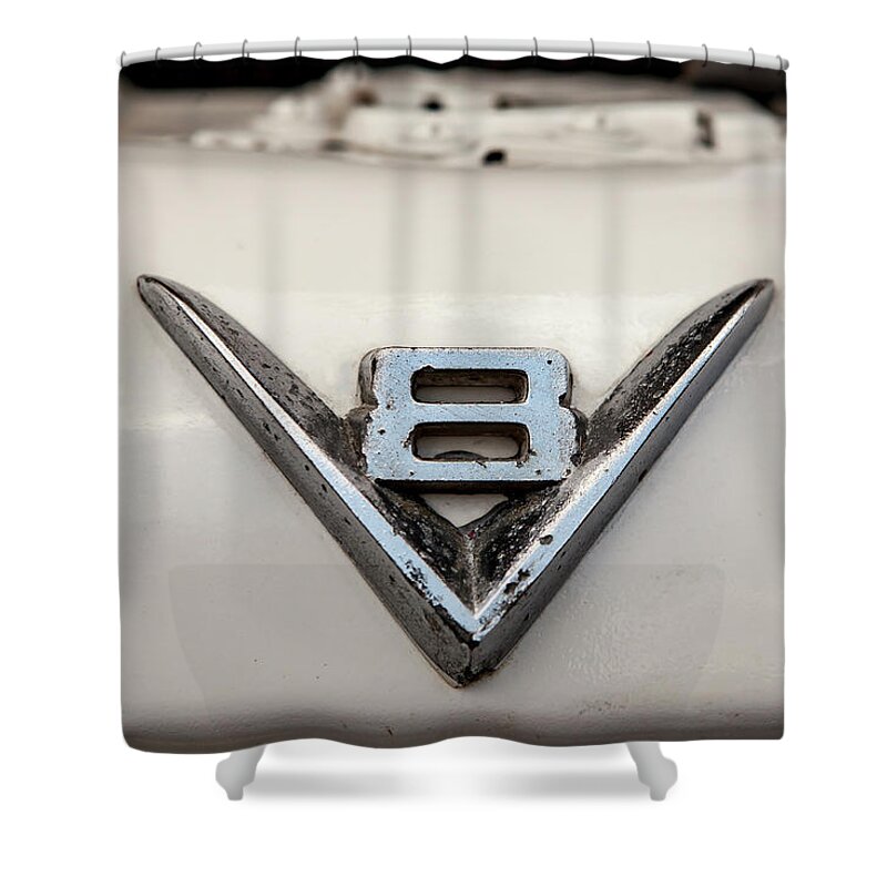 Hood Ornament Shower Curtain featuring the photograph Aged V8 by Melinda Ledsome