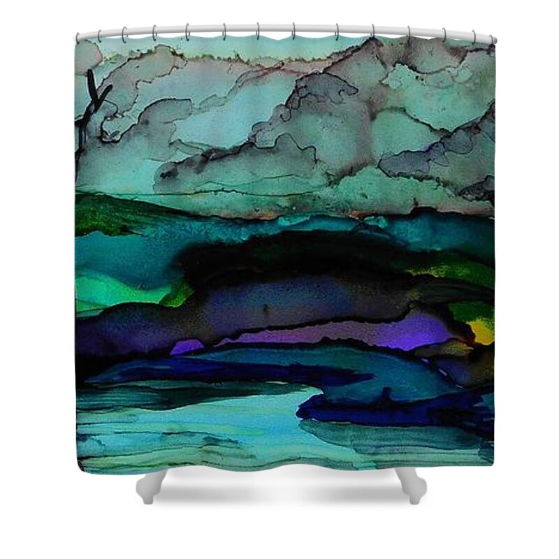 Alcohol Ink Shower Curtain featuring the painting Cloudy Day - A.210 by Catherine Van Der Woerd
