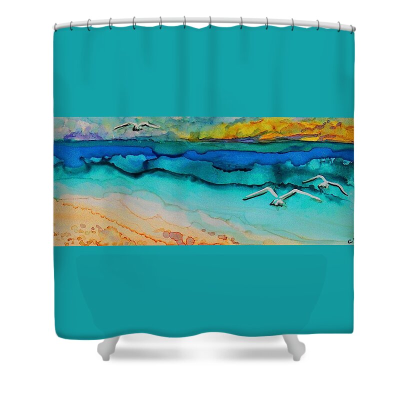Alcohol Ink Shower Curtain featuring the painting The Beach - A 223 by Catherine Van Der Woerd
