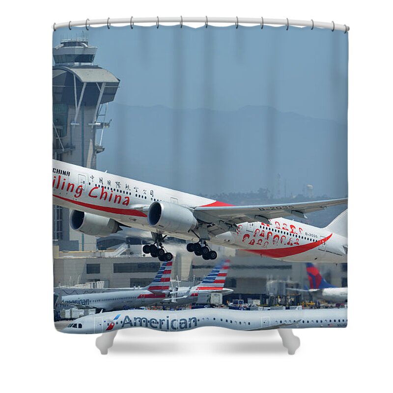 Airplane Shower Curtain featuring the photograph Air China Boeing 777-39LER B-2035 Smiling China Los Angeles International Airport May 3 2016 by Brian Lockett