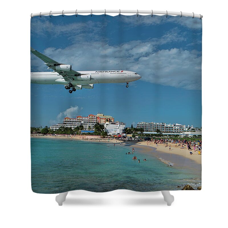 Air France Shower Curtain featuring the photograph Air France at St Maarten airport by David Gleeson