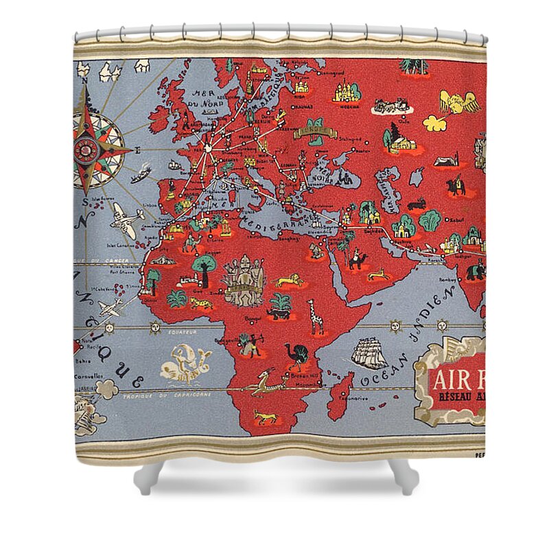 Air France Shower Curtain featuring the mixed media Air France - Vintage Illustrated Map of the World by Lucien Boucher - Cartography by Studio Grafiikka
