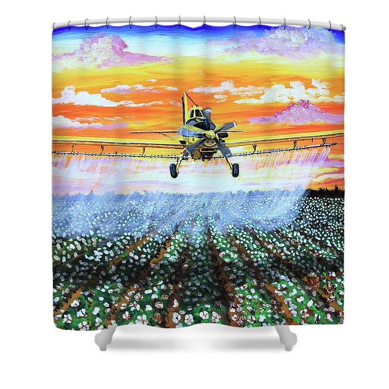 Air Tractor Shower Curtain featuring the painting Air Tractor at Sunset Over Cotton by Karl Wagner