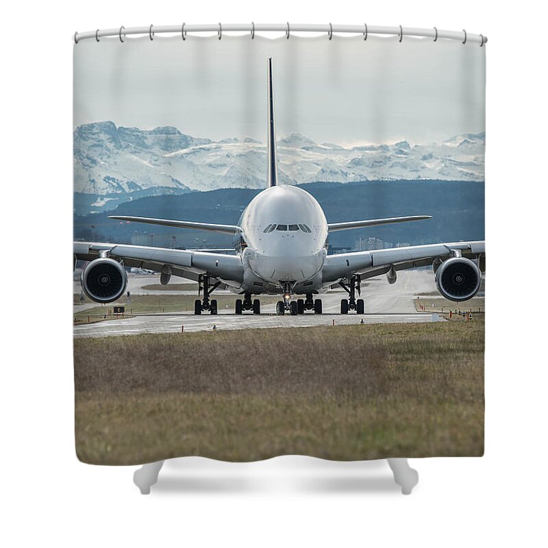 Airbus A380 Shower Curtain featuring the digital art Airbus A380 by Maye Loeser