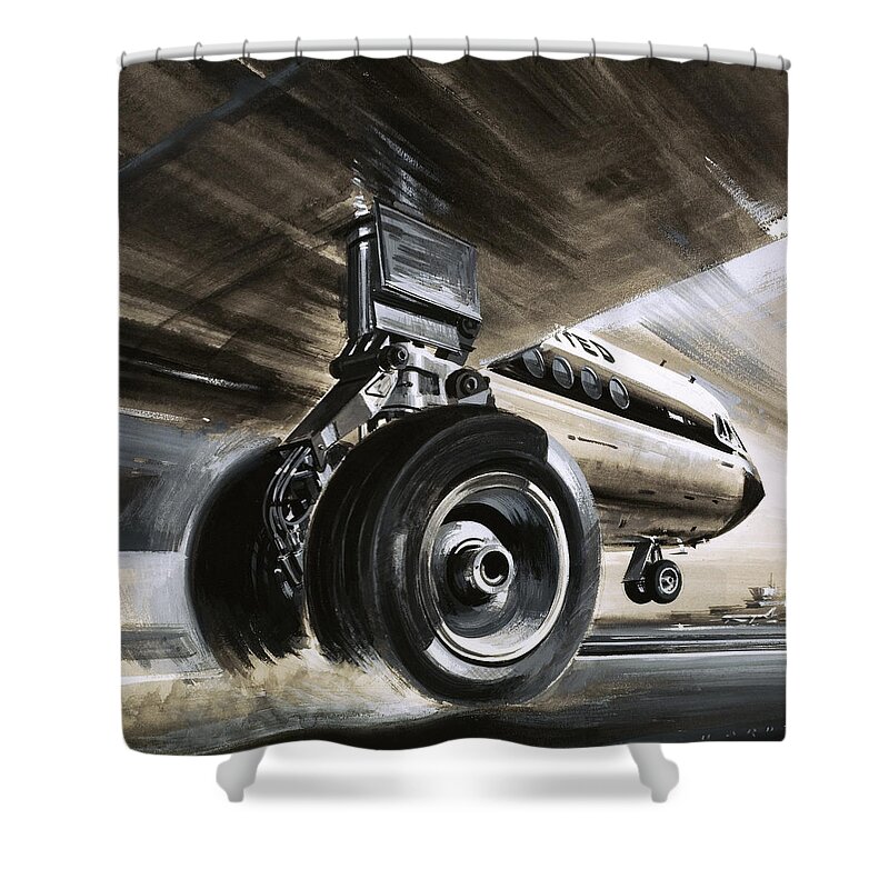 Aircraft Landing Shower Curtain featuring the painting Aircraft landing or taking off by Wilf Hardy