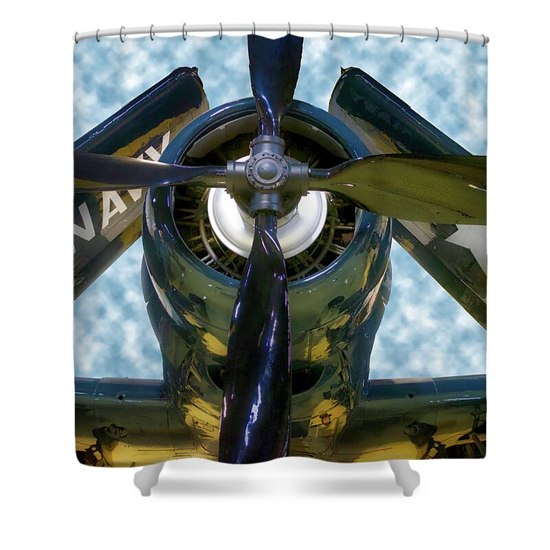 Air Zoo Shower Curtain featuring the photograph Airplane Propeller And Engine Navy by Thomas Woolworth