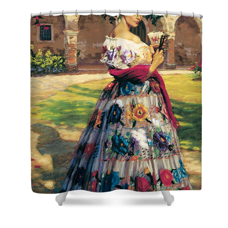 Woman Elaborately Embroidered Mexican Dress. Background Mission San Juan Capistrano. Shower Curtain featuring the painting Al Aire Libre by Jean Hildebrant