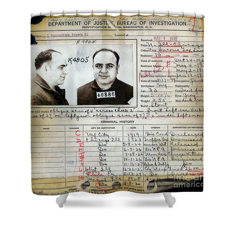 Al Capone Mugshot Shower Curtain featuring the photograph Al Capone Mugshot and Criminal History by Jon Neidert
