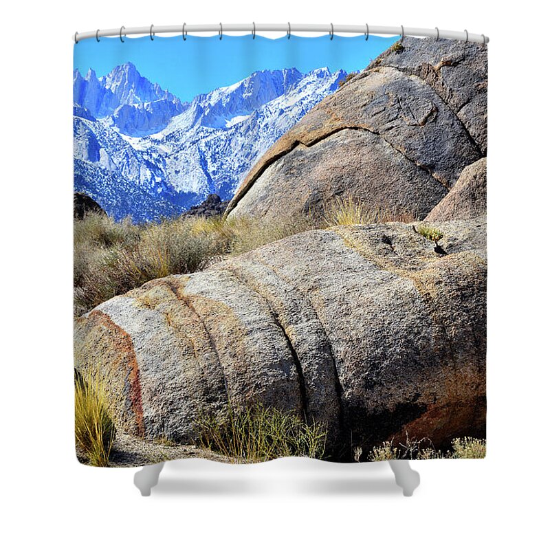 Alabama Hills Shower Curtain featuring the photograph Alabama Hills Boulders and Mt. Whitney by Ray Mathis