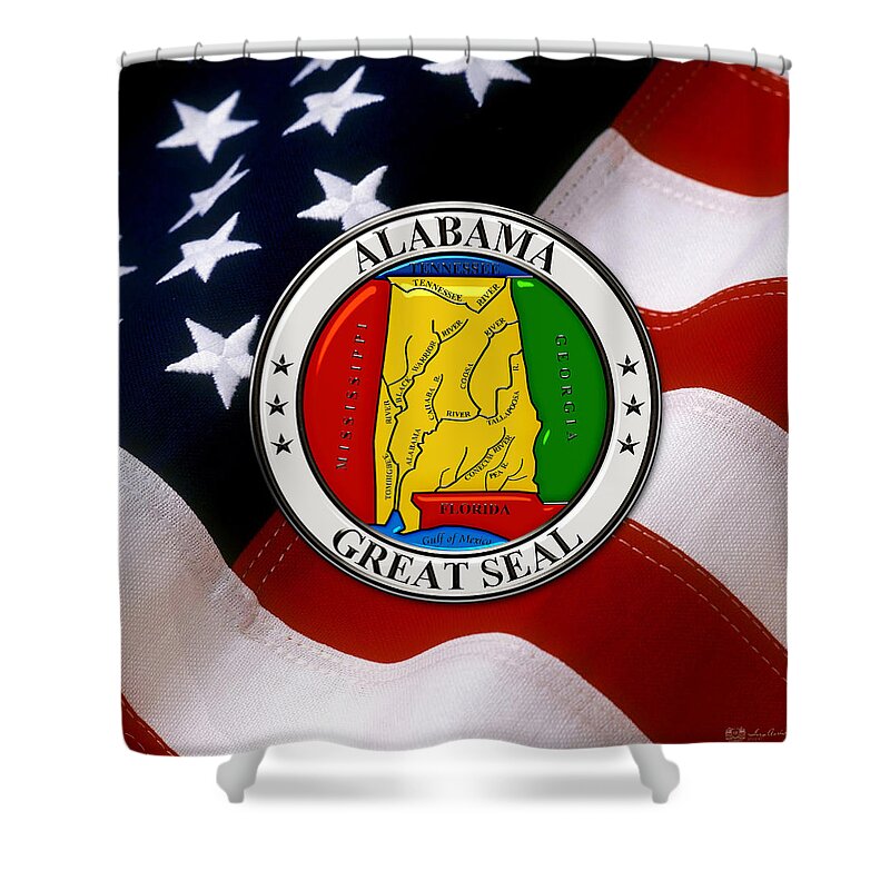 'state Heraldry' Collection By Serge Averbukh Shower Curtain featuring the digital art Alabama State Seal over U.S. Flag by Serge Averbukh