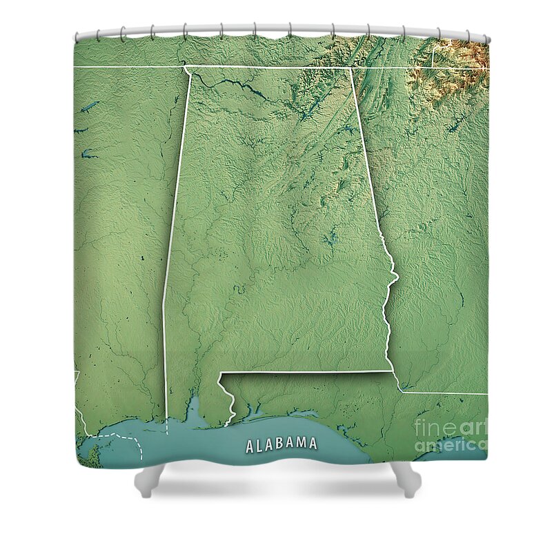 Alabama Shower Curtain featuring the digital art Alabama State USA 3D Render Topographic Map Border by Frank Ramspott