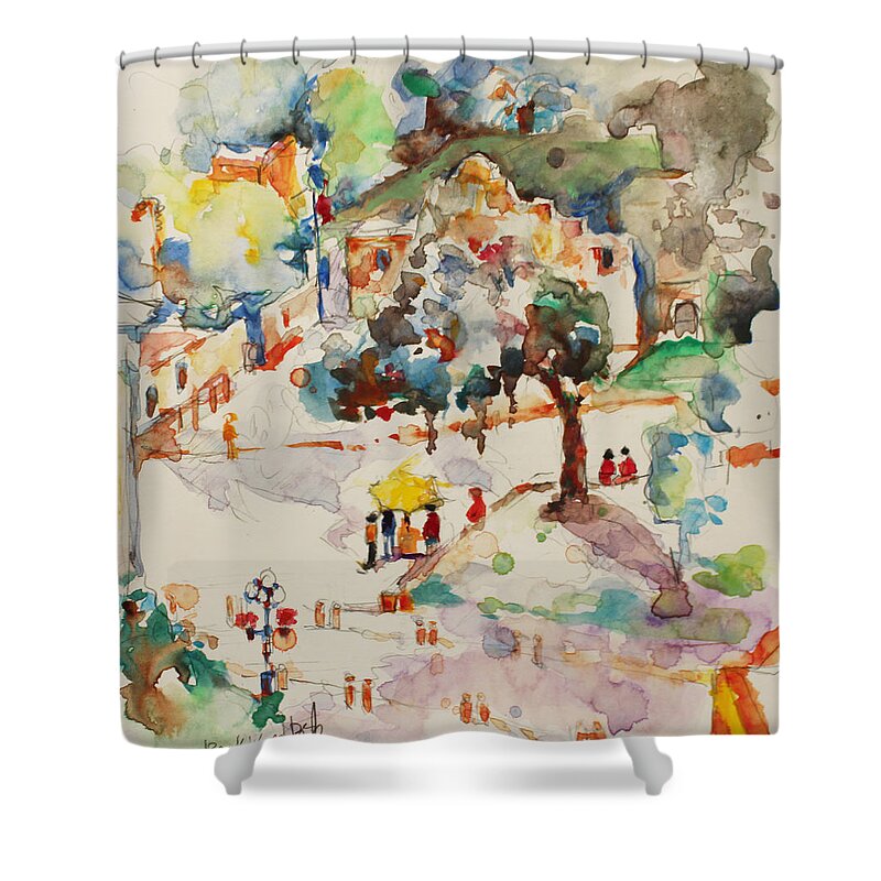 Watercolor Shower Curtain featuring the painting Alamo from hotel Window by Becky Kim