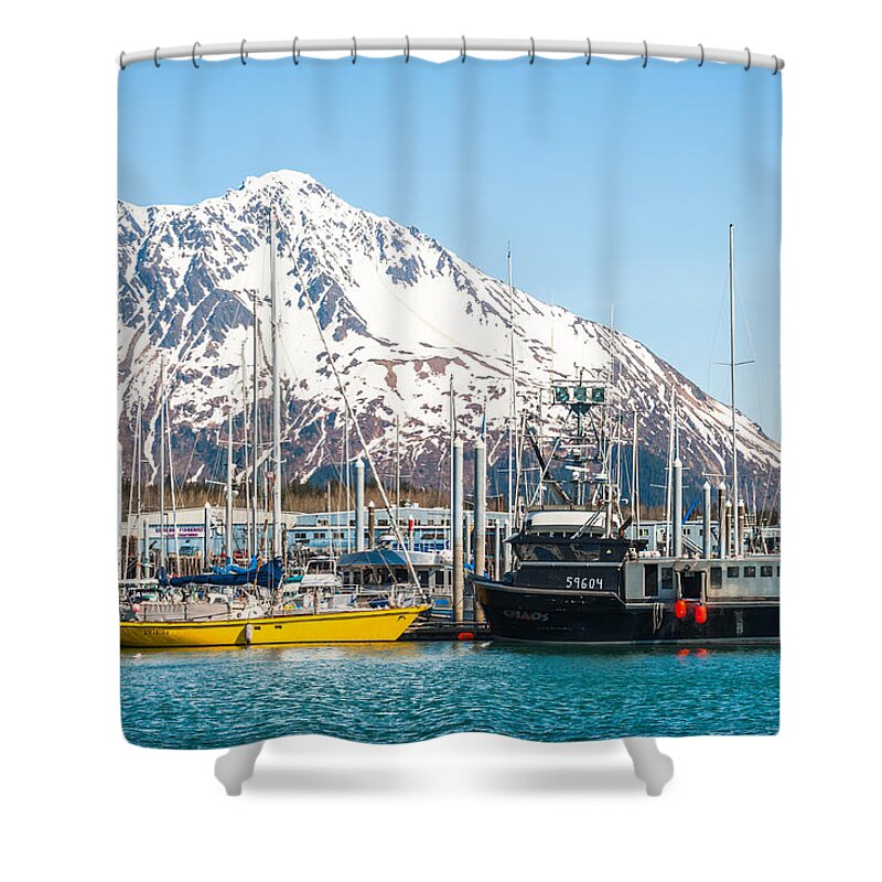 Landscape Shower Curtain featuring the photograph Alaska Kenai fishing docks by Charles McCleanon