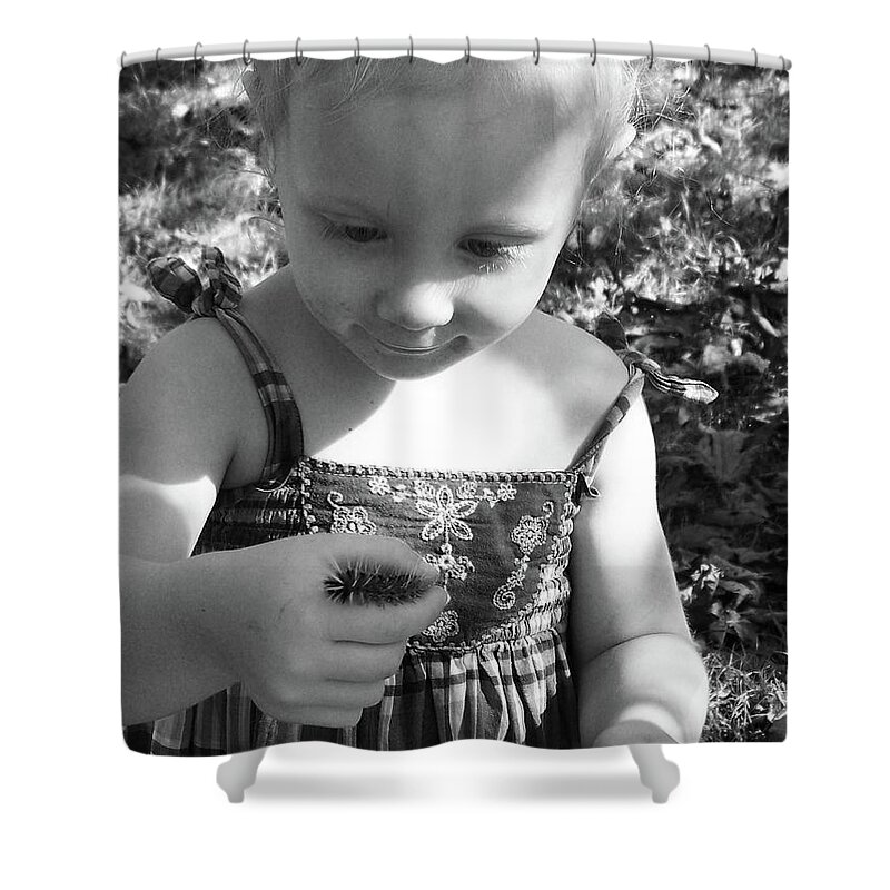 Portrait Shower Curtain featuring the photograph Alathia's Caterpillar by Julie Rauscher