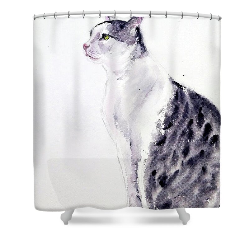 Cat Shower Curtain featuring the painting Alert Cat by Asha Sudhaker Shenoy