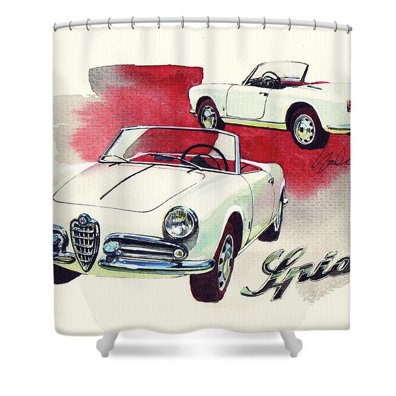 Alfa Romeo Giulietta Spider Pininfarina (1955) Shower Curtain featuring the painting Alfa Romeo Giulietta Spider by Yoshiharu Miyakawa