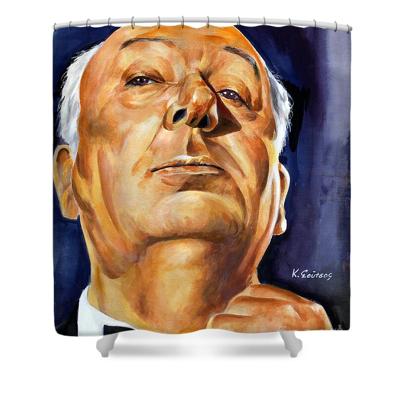 Alfred Hitchcock Shower Curtain featuring the painting Alfred Hitchcock by Star Portraits Art