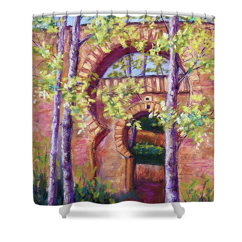 Alhambra Landscape Shower Curtain featuring the pastel Alhambra Gates by Candy Mayer