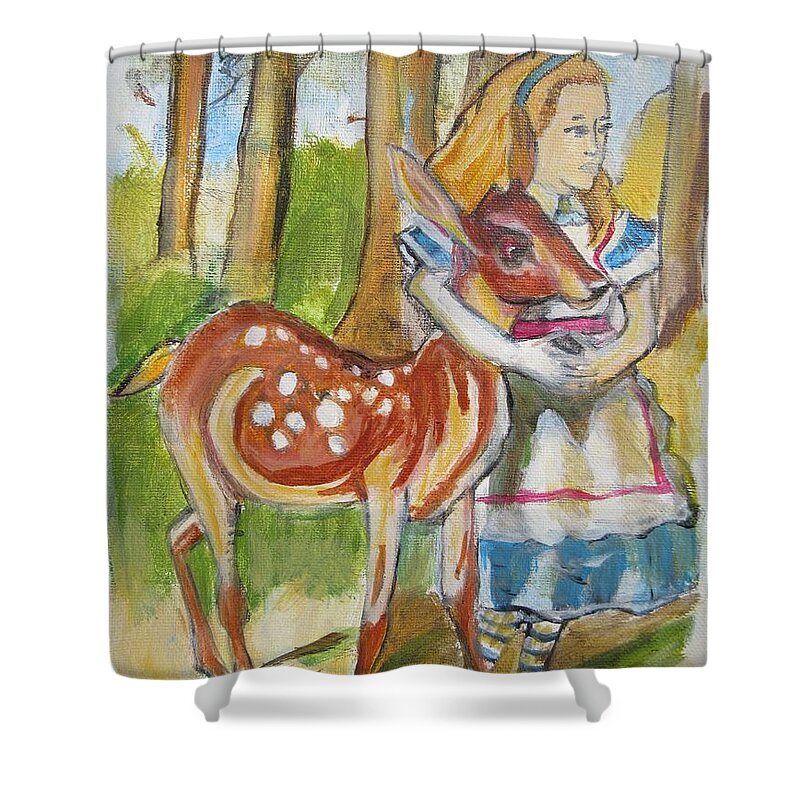 Woods Shower Curtain featuring the painting Alice and the Deer by Denice Palanuk Wilson