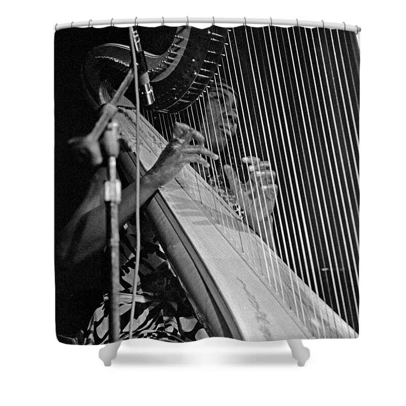 Coltrane Shower Curtain featuring the photograph Alice Coltrane on Harp by Lee Santa
