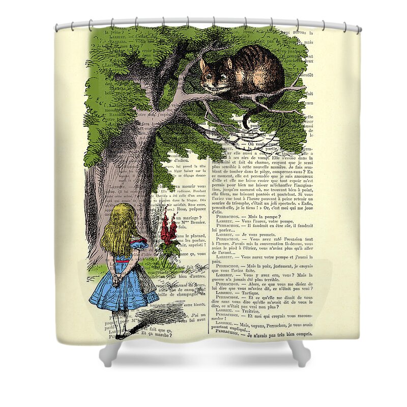 Alice In Wonderland Shower Curtain featuring the digital art Alice in wonderland and cheshire cat by Madame Memento