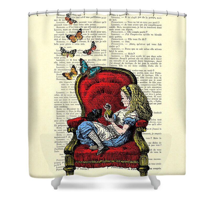 Alice Shower Curtain featuring the digital art Alice in Wonderland playing with cute cat and butterflies by Madame Memento