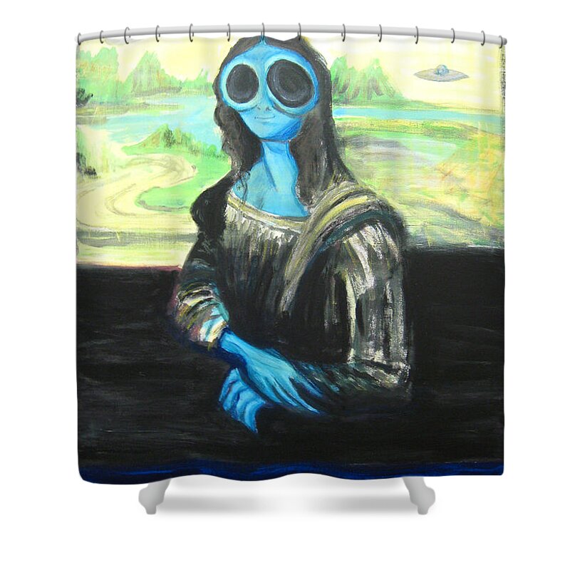 Mona Lisa Shower Curtain featuring the painting alien Mona Lisa by Similar Alien