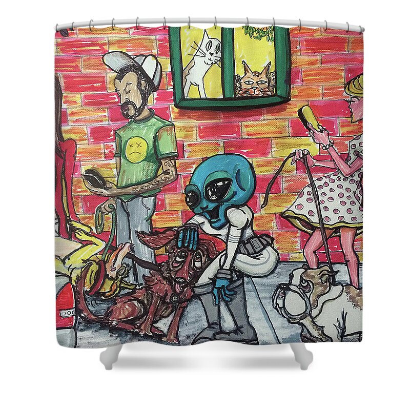 Dogs Shower Curtain featuring the painting Aliens Love Dogs by Similar Alien