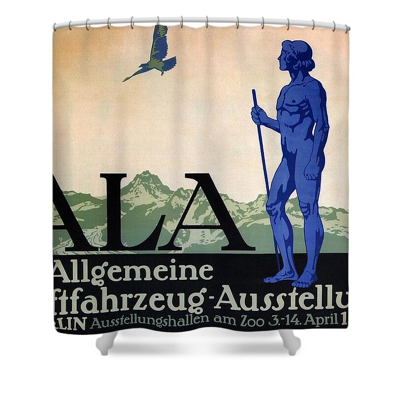 Berlin Shower Curtain featuring the mixed media Allgemeine Luftfahrzeug-Ausstellung - Berlin - Retro travel Poster - Vintage Poster by Studio Grafiikka