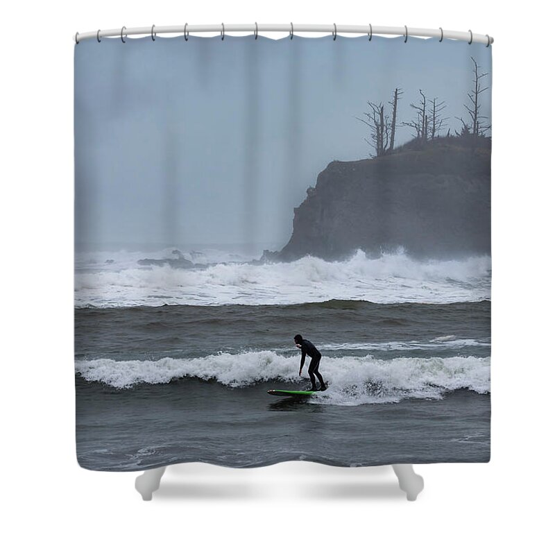 Surfing Shower Curtain featuring the photograph Alone With The Wave by Steven Clark